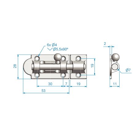 Bolzenriegel Messing verchr. 53+19mm